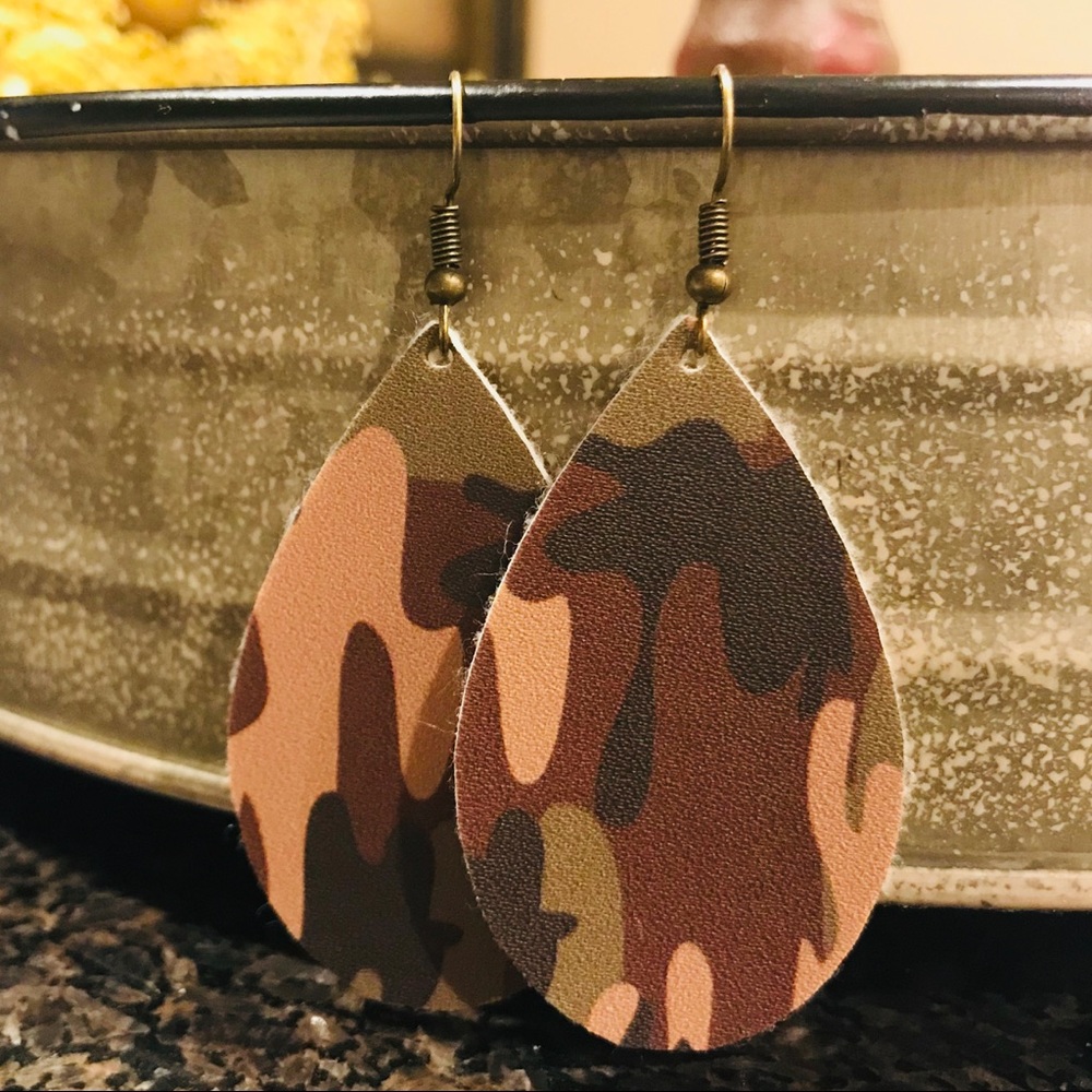 Large, Camo faux leather earrings 2.2 inch